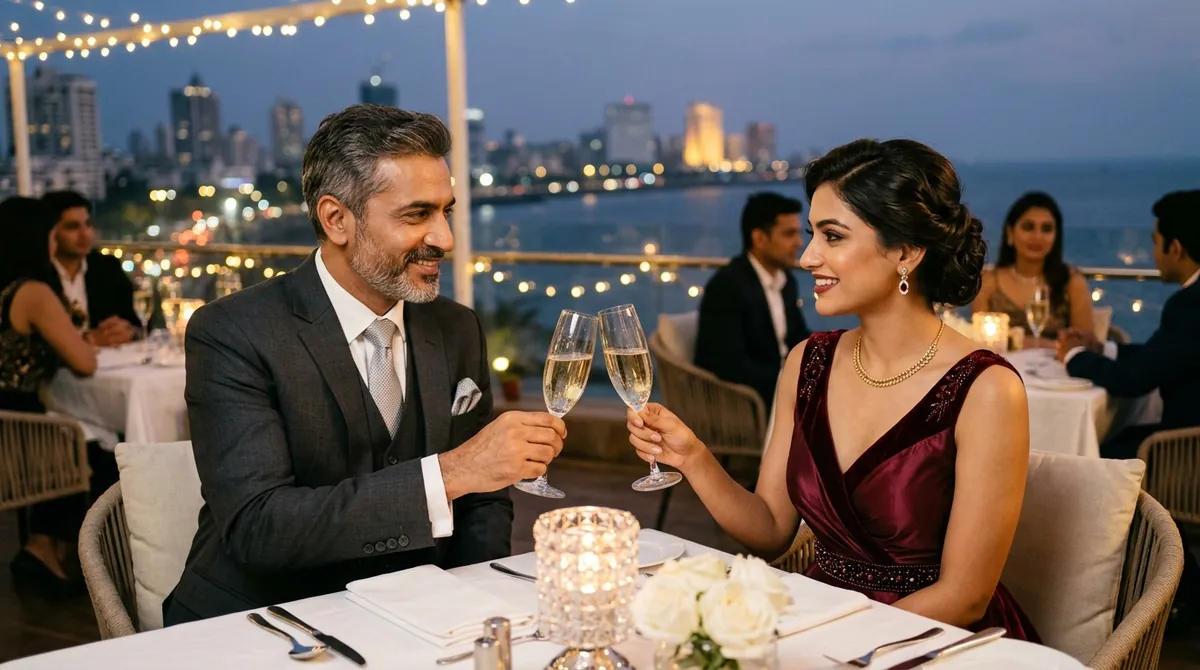 Affluent Gentleman and Elegant Attractive Companion Couple Rooftop Dinner in Mumbai